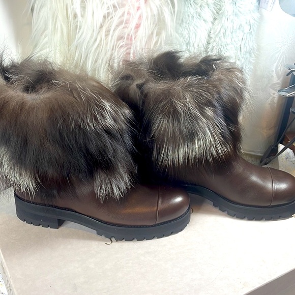 NIB $1495 Jimmy Choo dana cuffed boots rabbit fur trim brown - Picture 2 of 16